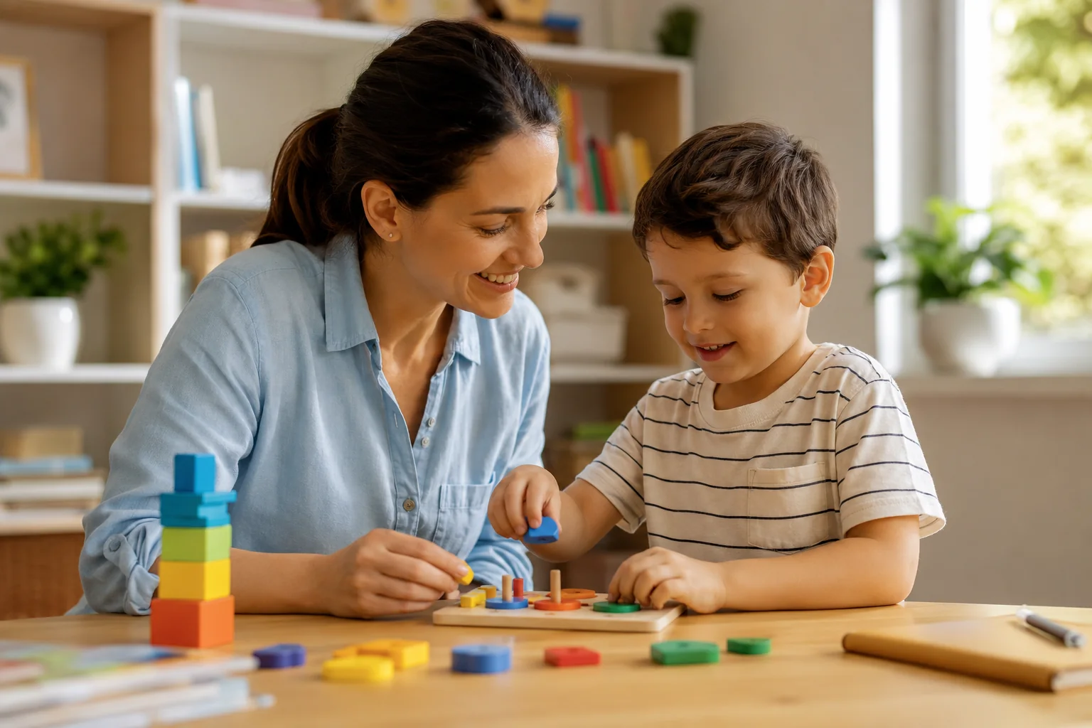 Mãe e filho realizando atividade educativa